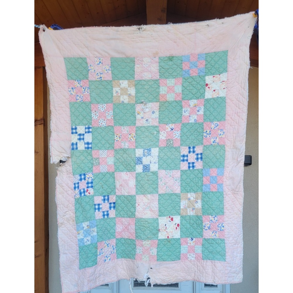 Vintage Handmade Nine Patch Quilt Pink Green Cutter Patchwork 36x51 Damaged